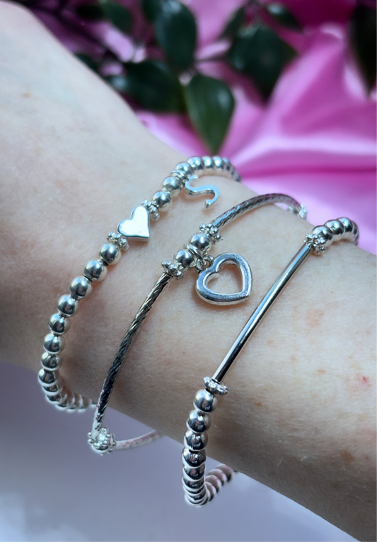 Silver plated initial heart stack of 3 bracelets