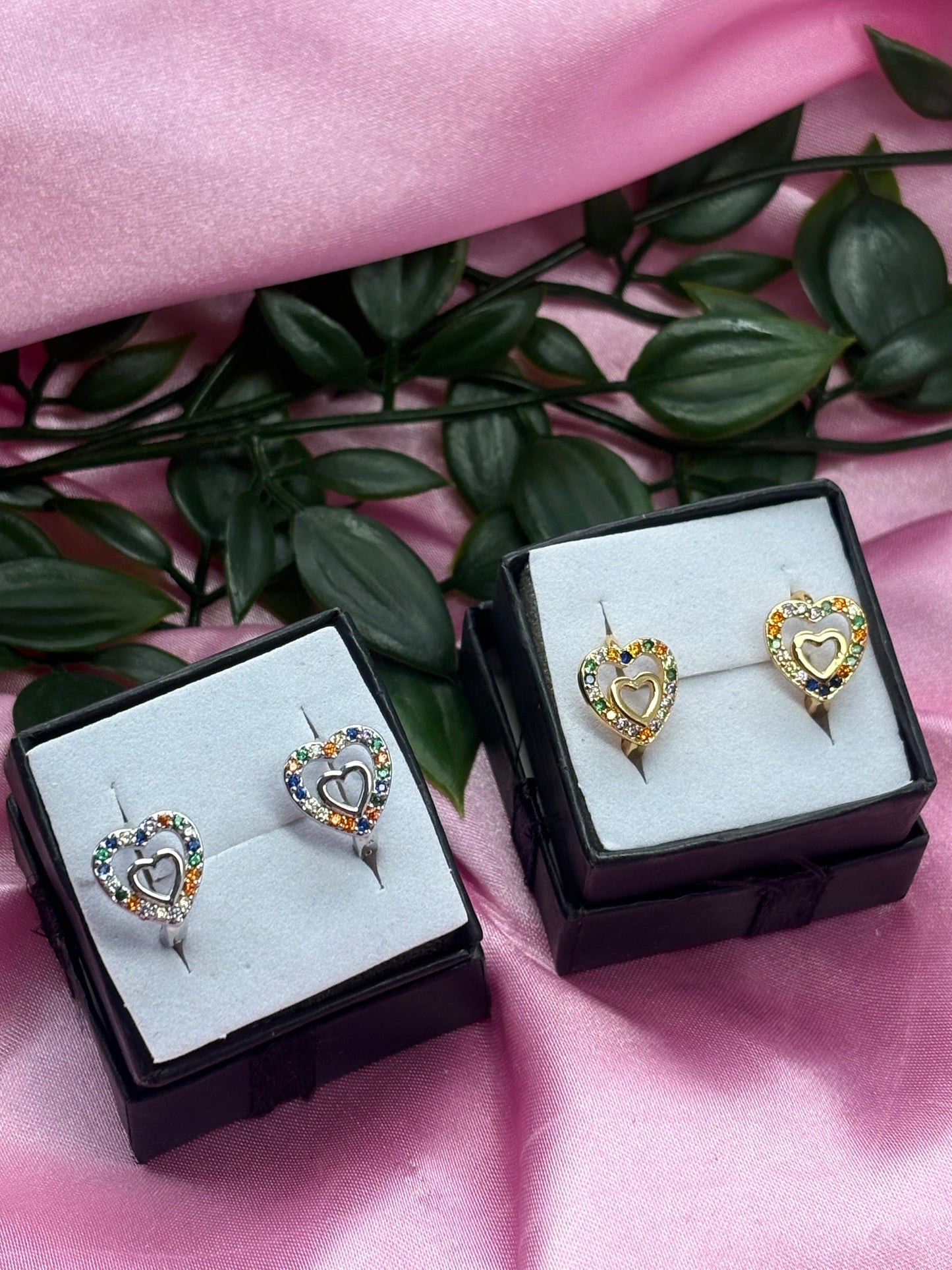 Double heart multi gem Huggie hoops / stainless steel / tarnish resistant
