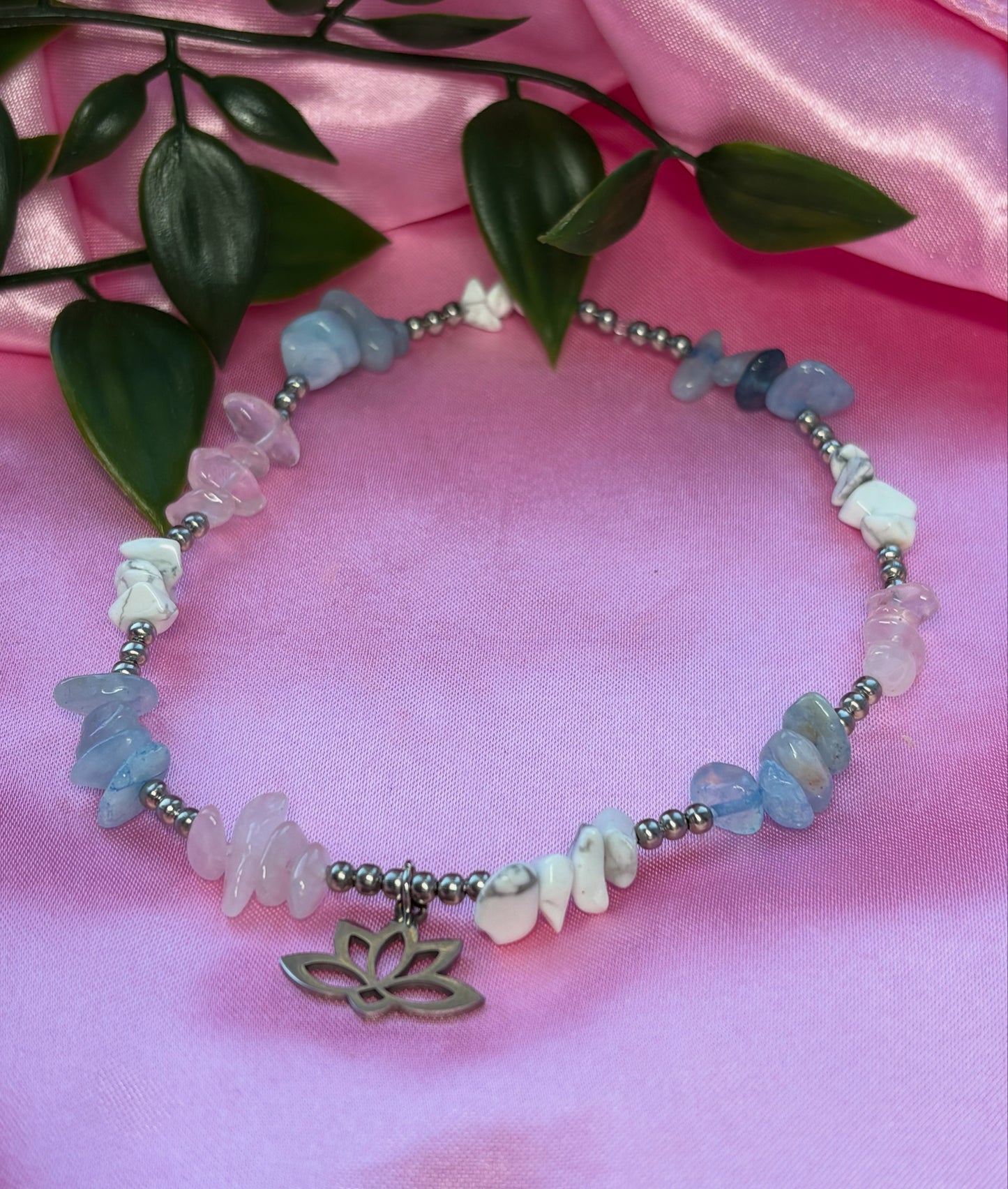 Stainless steel Positivity crystal anklet aquamarine, Rose Quartz and howlite tarnish resistant/ water resistant