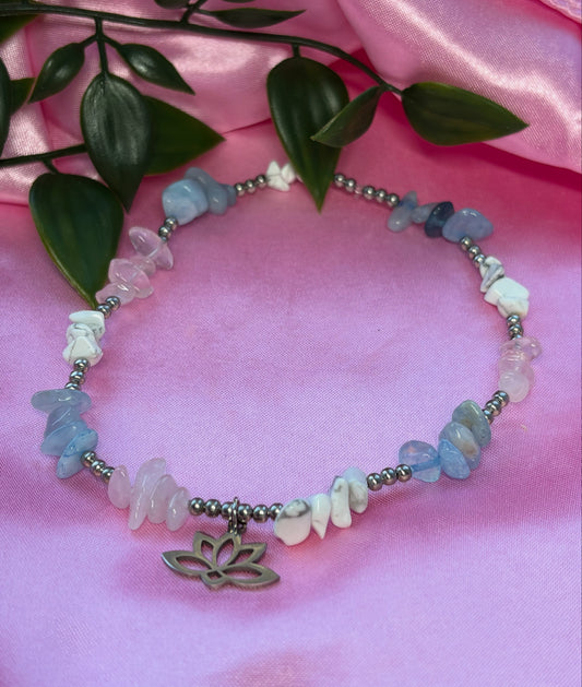 Stainless steel Positivity crystal anklet aquamarine, Rose Quartz and howlite tarnish resistant/ water resistant