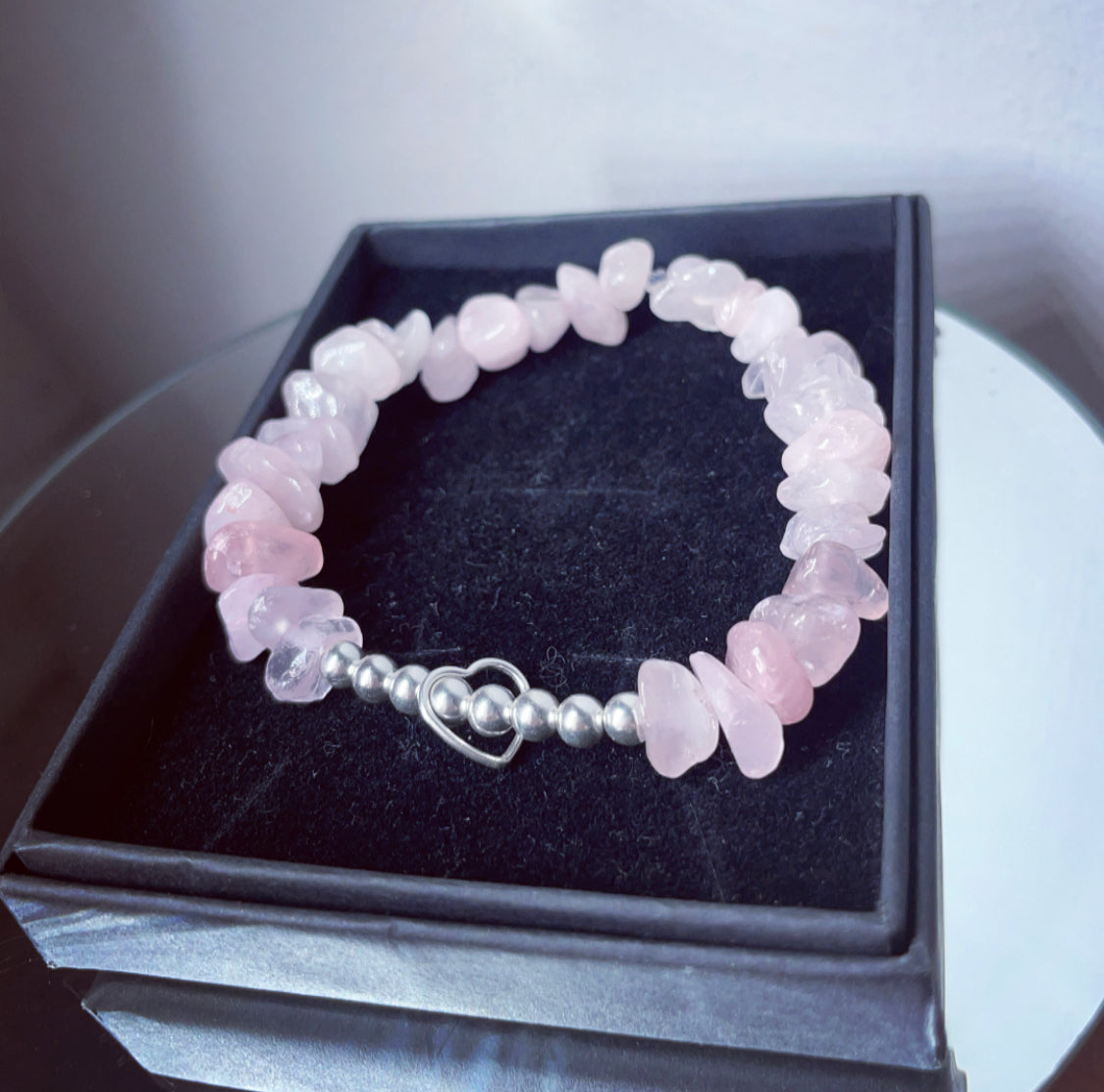 Sterling silver rose Quartz crystal open heart bracelet