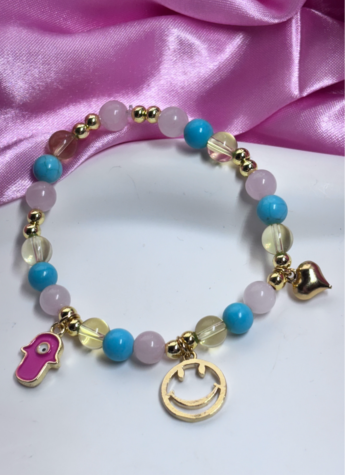 Love, luck and happiness charm bracelet turquoise, rose Quartz & citrine