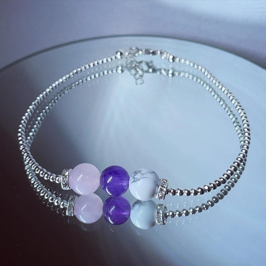 Anxiety/stress relief crystal beaded anklet amethyst rose Quartz and howlite
