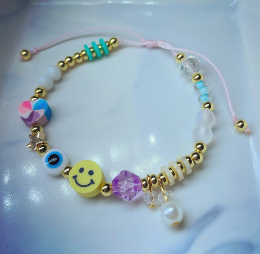 Smiley mix bead 18k gold plated adjustable bracelet