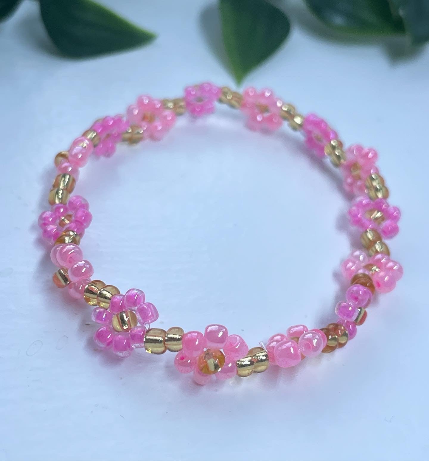 flower bracelet pink and gold lined glass beads | spring flower bracelet | birthday gifts | beaded flower bracelet