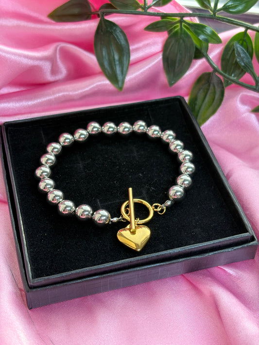 Stainless steel mix silver & gold heart T bar bracelet/ tarnish resistant / water resistant