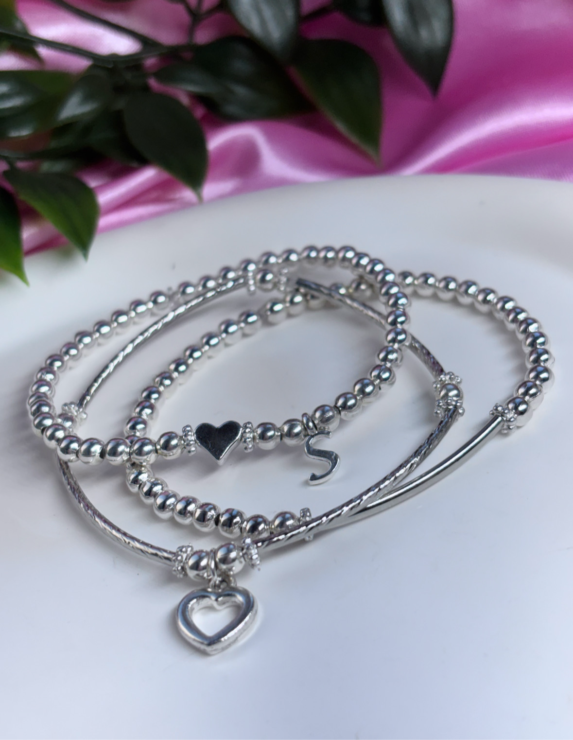 Silver plated initial heart stack of 3 bracelets