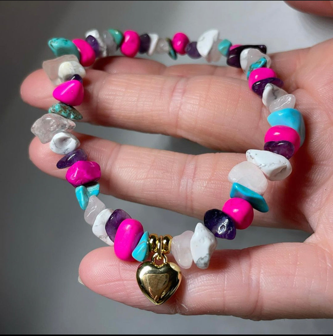 Crystal heart charm bracelet hot pink magnesite turquoise amethyst howlite and rose Quartz