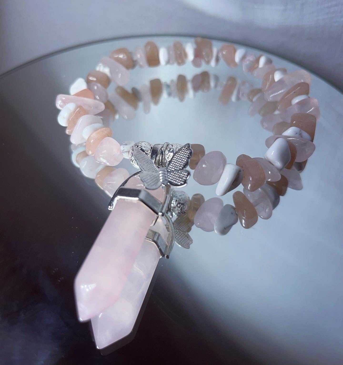 rose Quartz butterfly pendant bracelet sunstone, howlite and rose quartz crystals