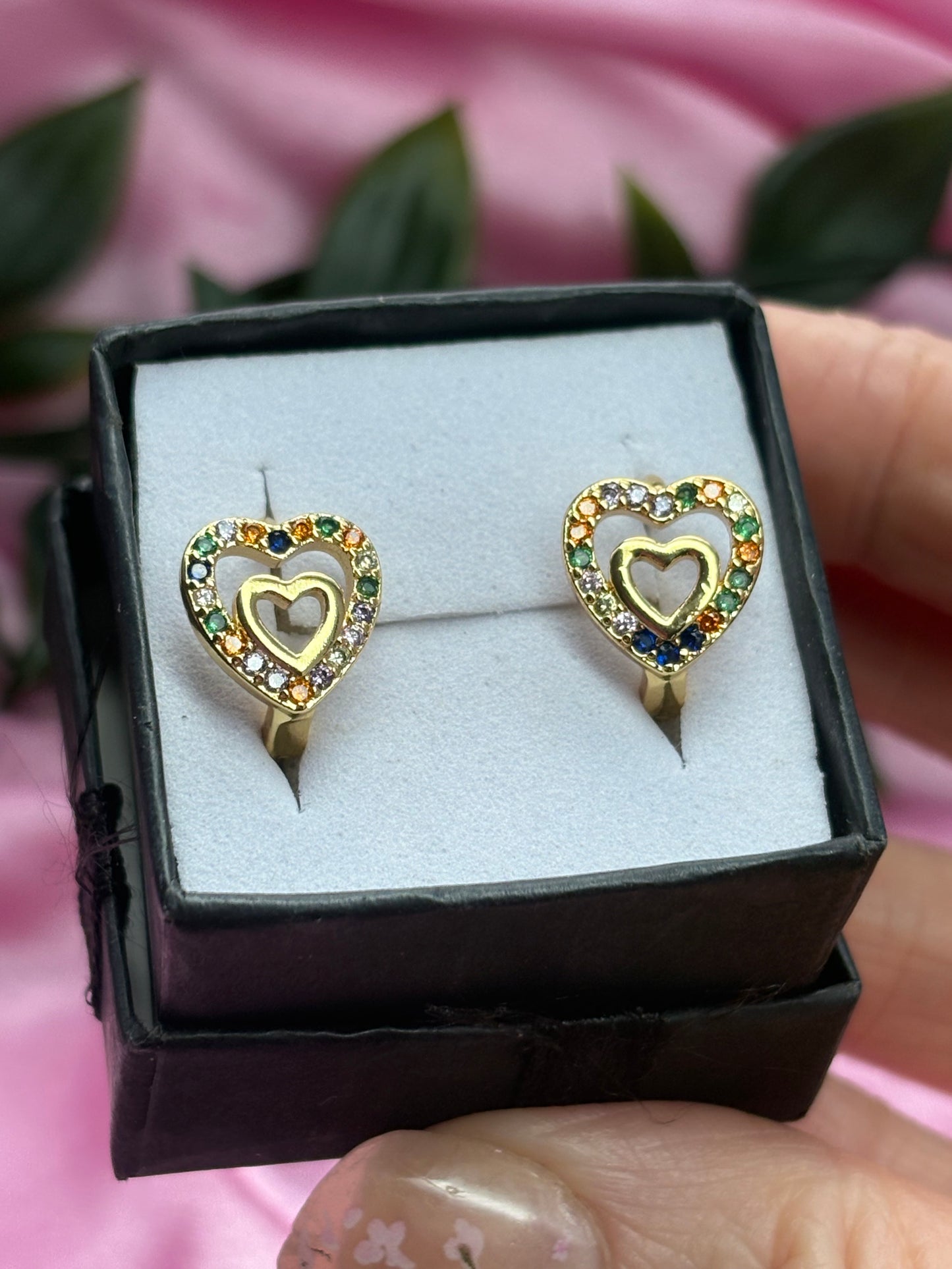 Double heart multi gem Huggie hoops / stainless steel / tarnish resistant