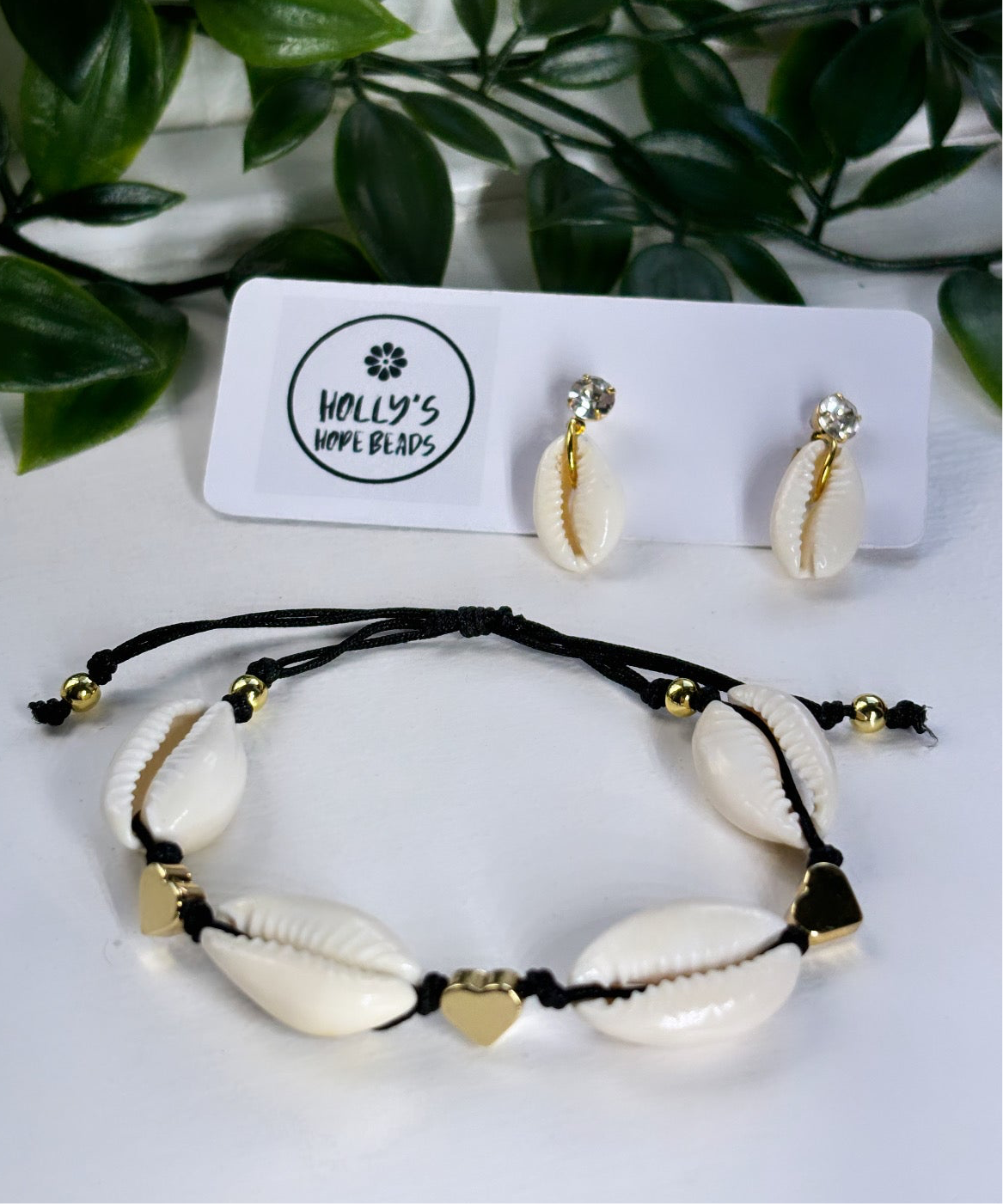 Cowrie shell bracelet & diamanté drop shell earrings