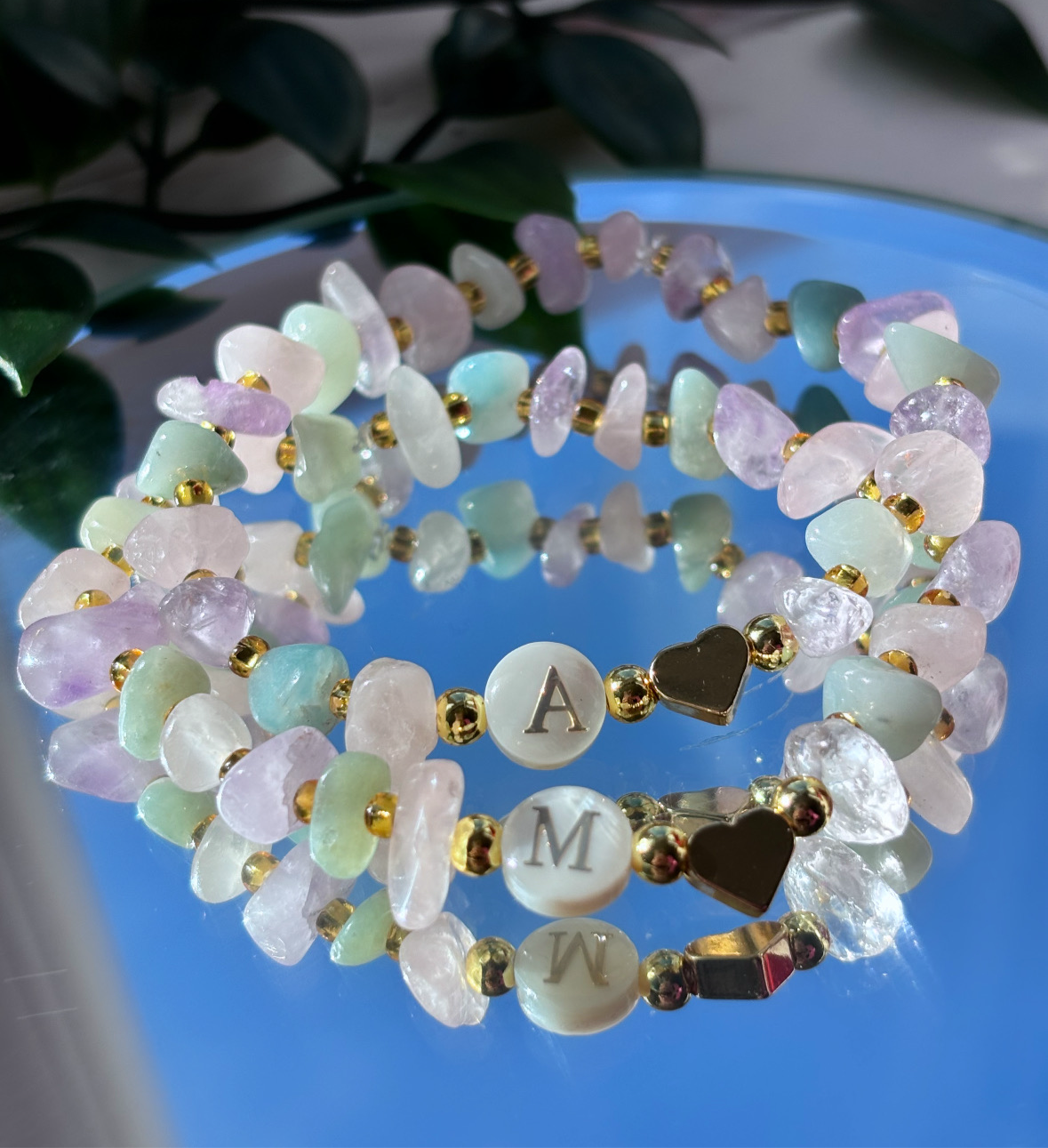 emotional balancing/ wellbeing mother of pearl initial bracelets