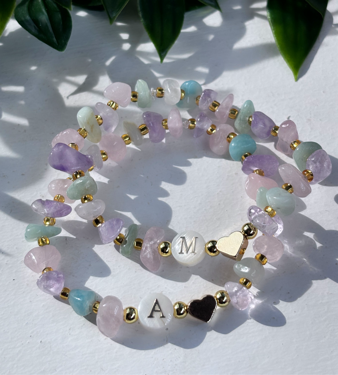 emotional balancing/ wellbeing mother of pearl initial bracelets