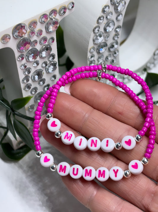 Matching pink mother & daughter glass beaded personalised bracelets