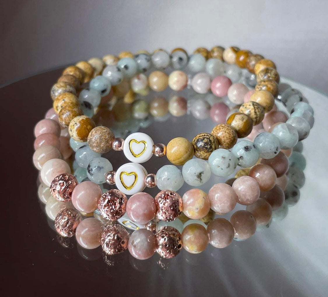 Pink/Yellow Lepidolite,Pale Beige Jasper, Blue/Grey Sesame Jasper Beaded bracelets