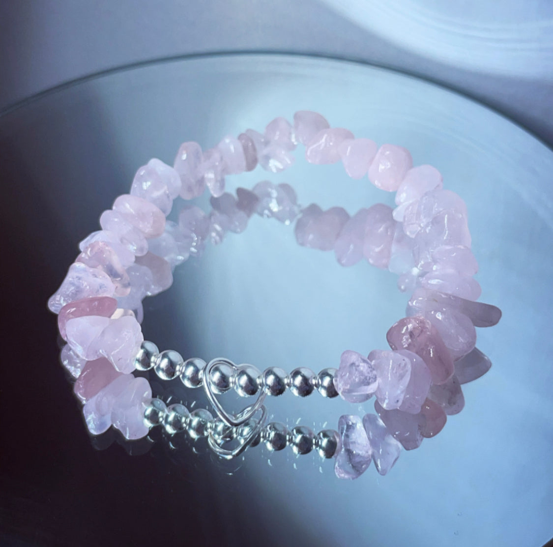 Sterling silver rose Quartz crystal open heart bracelet