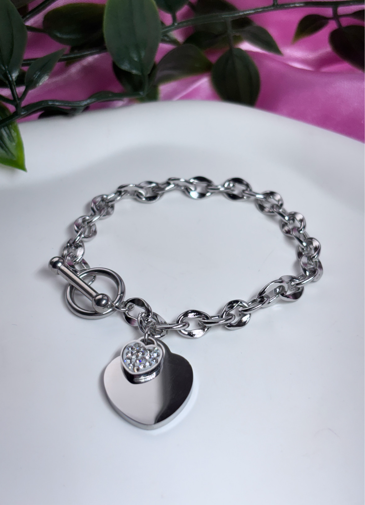 Diamanté double heart charm chain bracelet titanium steel silver/grey