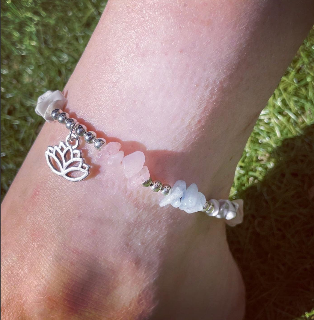 Stainless steel Positivity crystal anklet aquamarine, Rose Quartz and howlite tarnish resistant/ water resistant