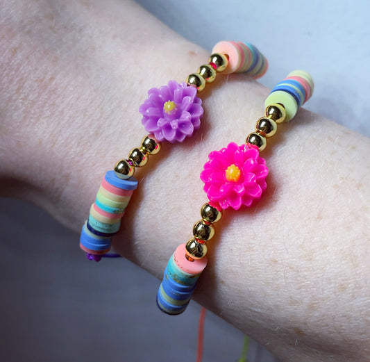 Flower beaded clay bracelets/ summer accessories/ adjustable bracelets