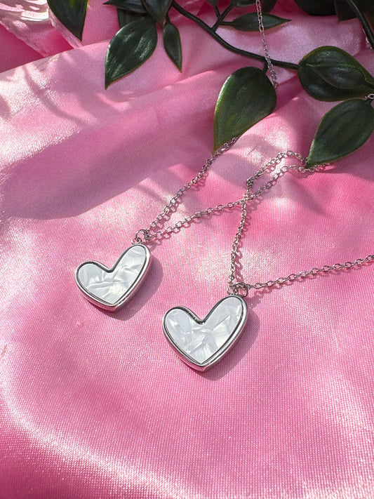 Stainless steel mother of pearl heart charm necklace / water resistant/ tarnish resistant