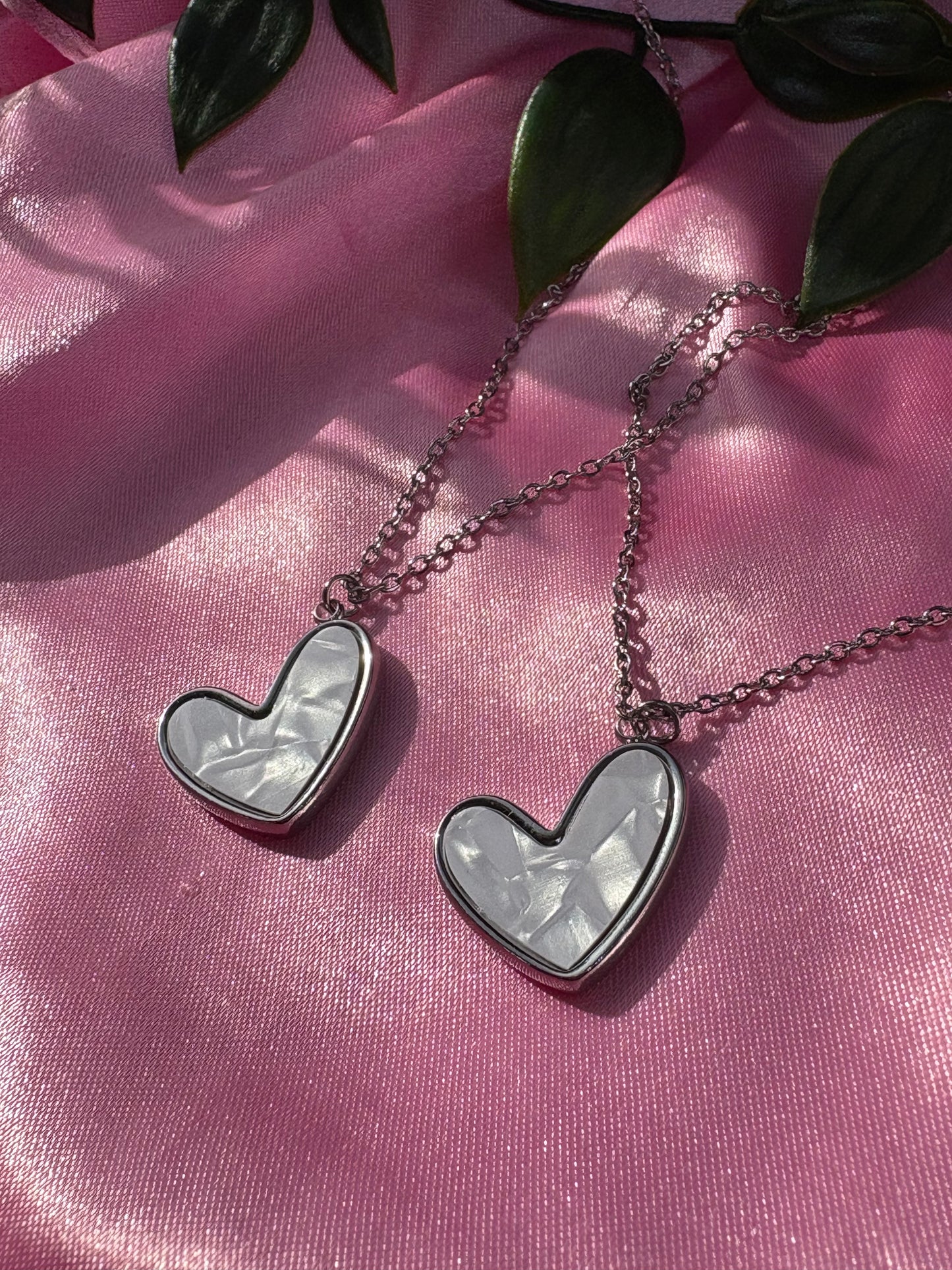 Stainless steel mother of pearl heart charm necklace / water resistant/ tarnish resistant