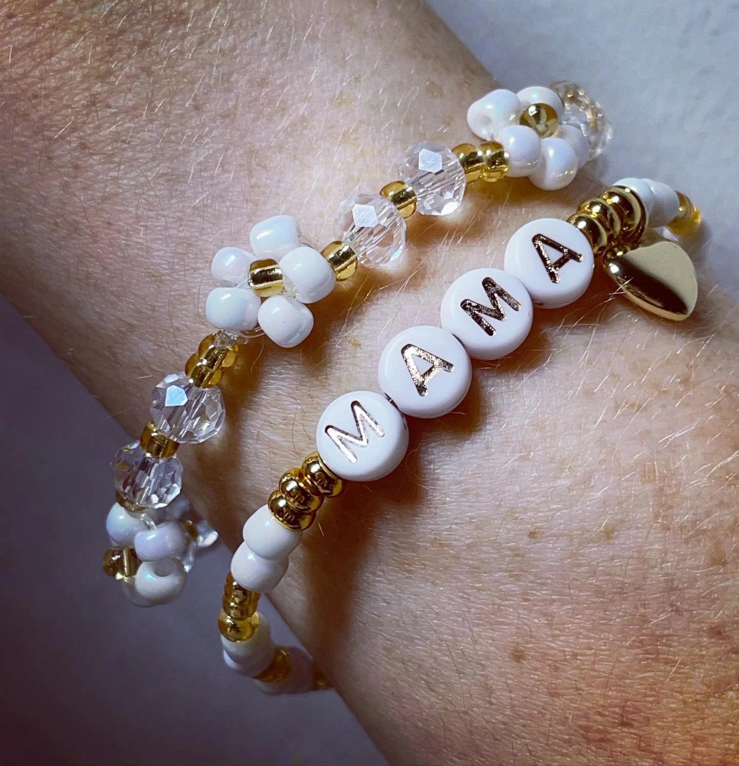 Personalised gold and white beaded flower stack/ mama bracelet stack/ gifts for women/ bracelet stack