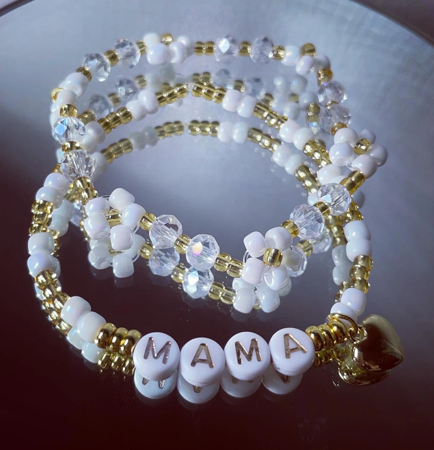 Personalised gold and white beaded flower stack/ mama bracelet stack/ gifts for women/ bracelet stack