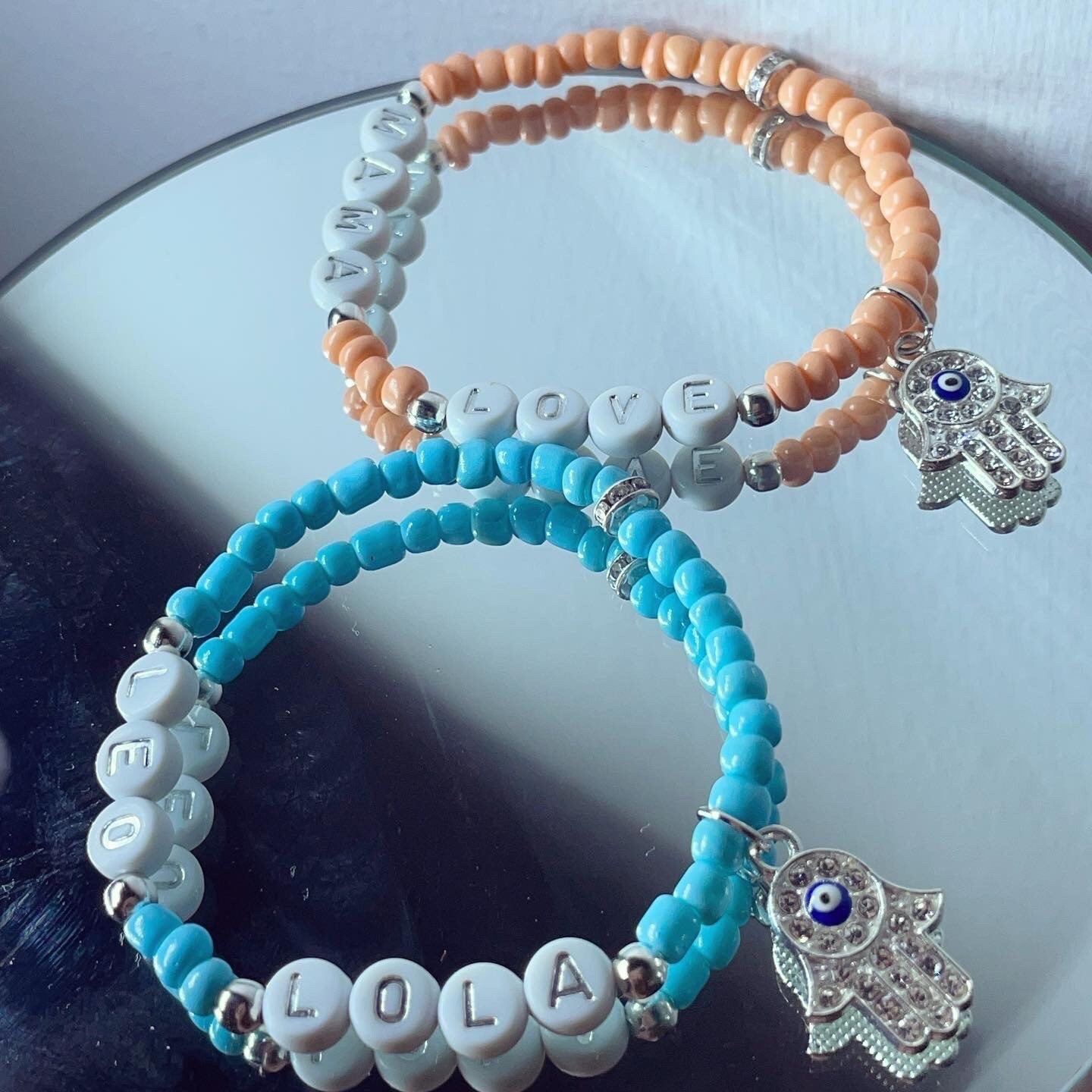 Personalised diamanté hamsa name bracelets coloured glass seed beads
