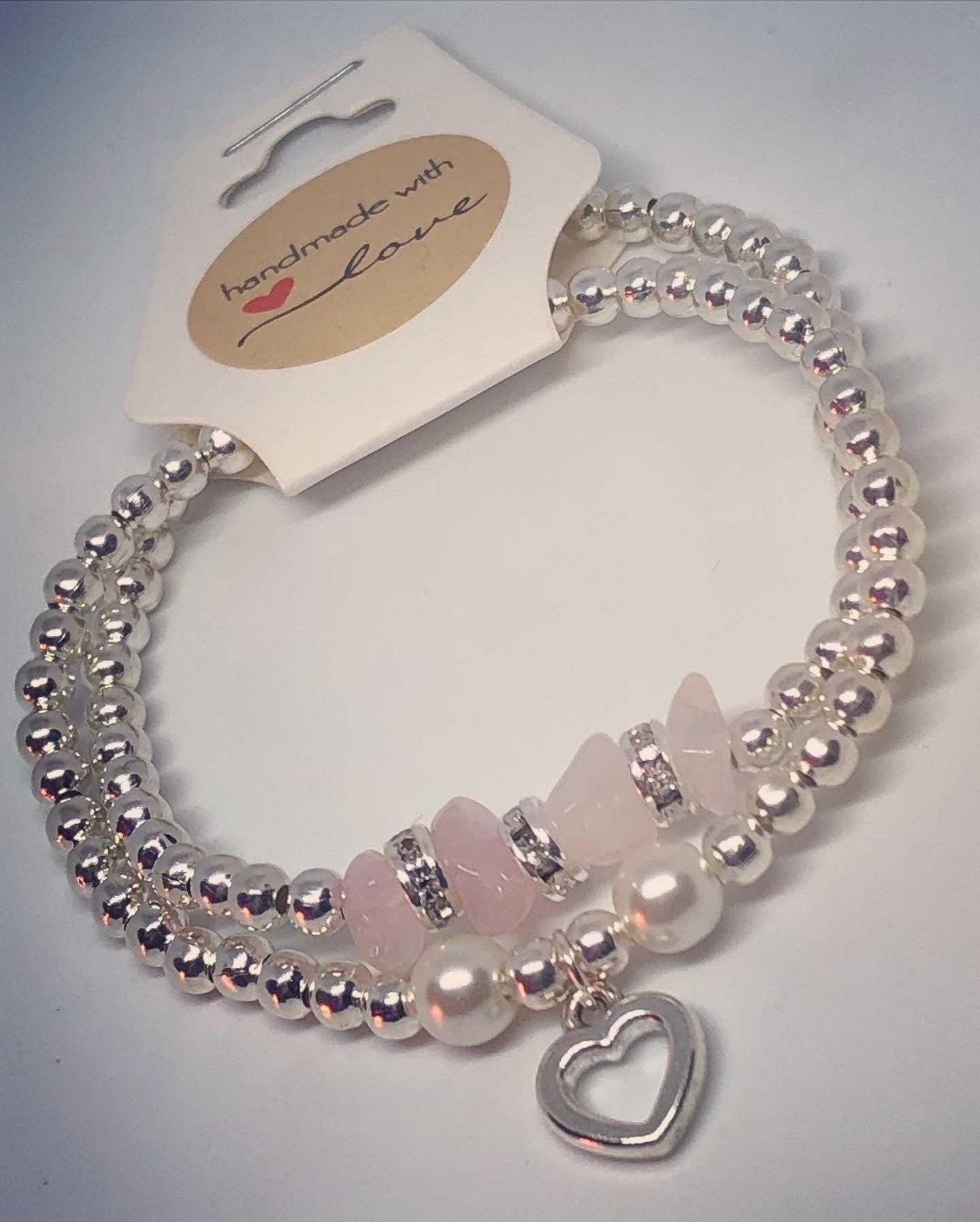 Silver rose quartz & Pearl heart stack of bracelets