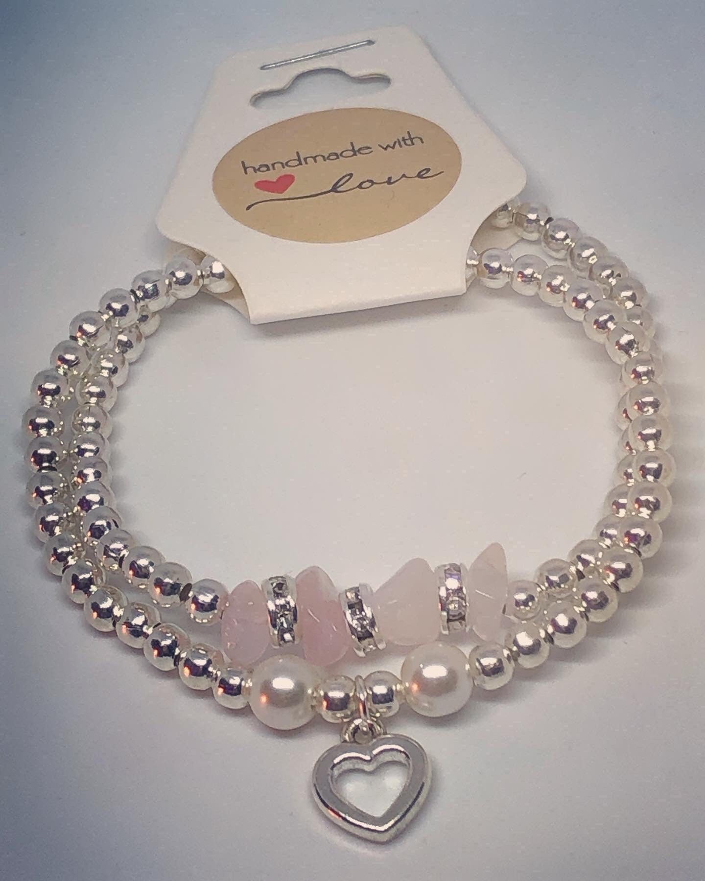 Silver rose quartz & Pearl heart stack of bracelets