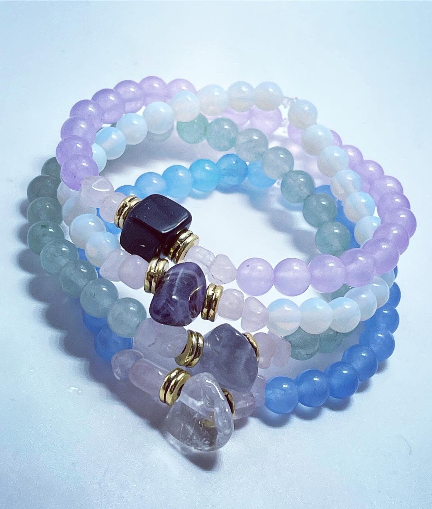 Beaded crystal bracelets Opal, lilac jade, Jasper dalmation & howlite