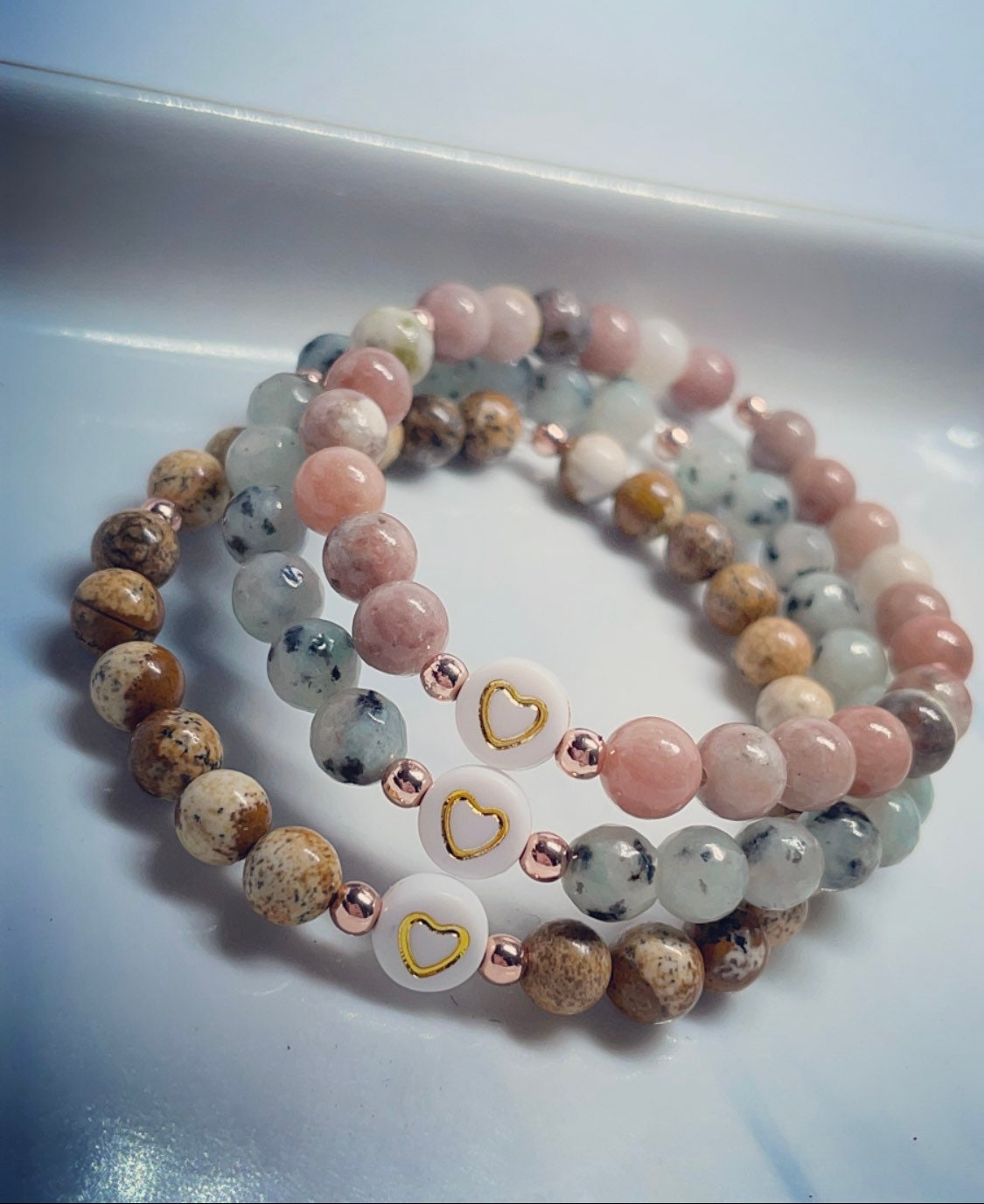 Pink/Yellow Lepidolite,Pale Beige Jasper, Blue/Grey Sesame Jasper Beaded bracelets