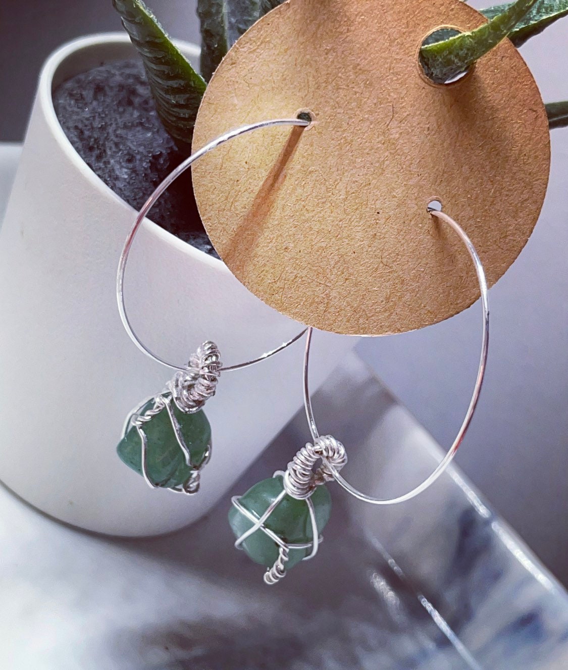 Silver plated large crystal wrapped hoops clear quartz, opal, Rose Quartz, green aventurine, turquoise, Jasper, amethyst