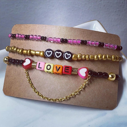 Love glass seed bead bracelet stack with chain valentines gifts