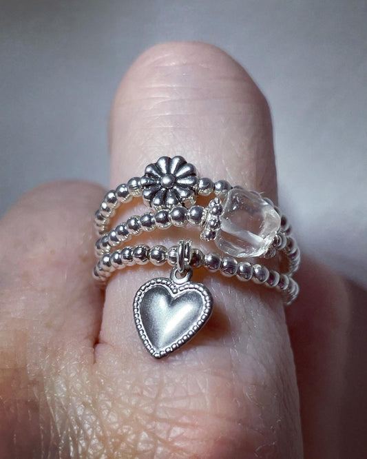 Daisy, heart & clear quartz Stacking rings