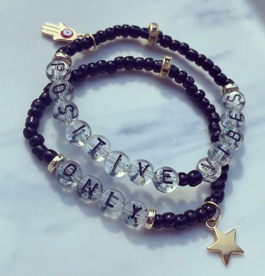 Positive vibes only glass bead and glitter letter bead stacking bracelets