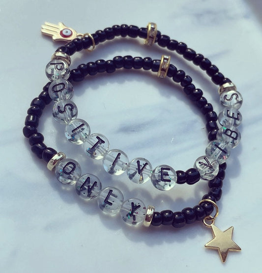 Positive vibes only glass bead and glitter letter bead stacking bracelets