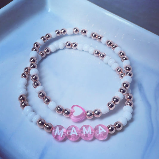 Personalised rose gold hematite & white glass bead stack of bracelets