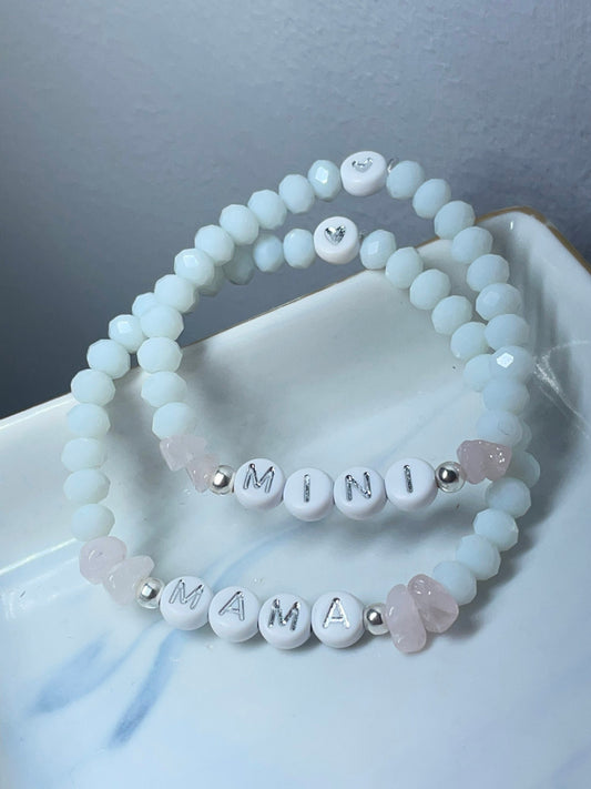 Mama and daughter matching bracelets personalised, sterling silver accent beads with rose Quartz chips