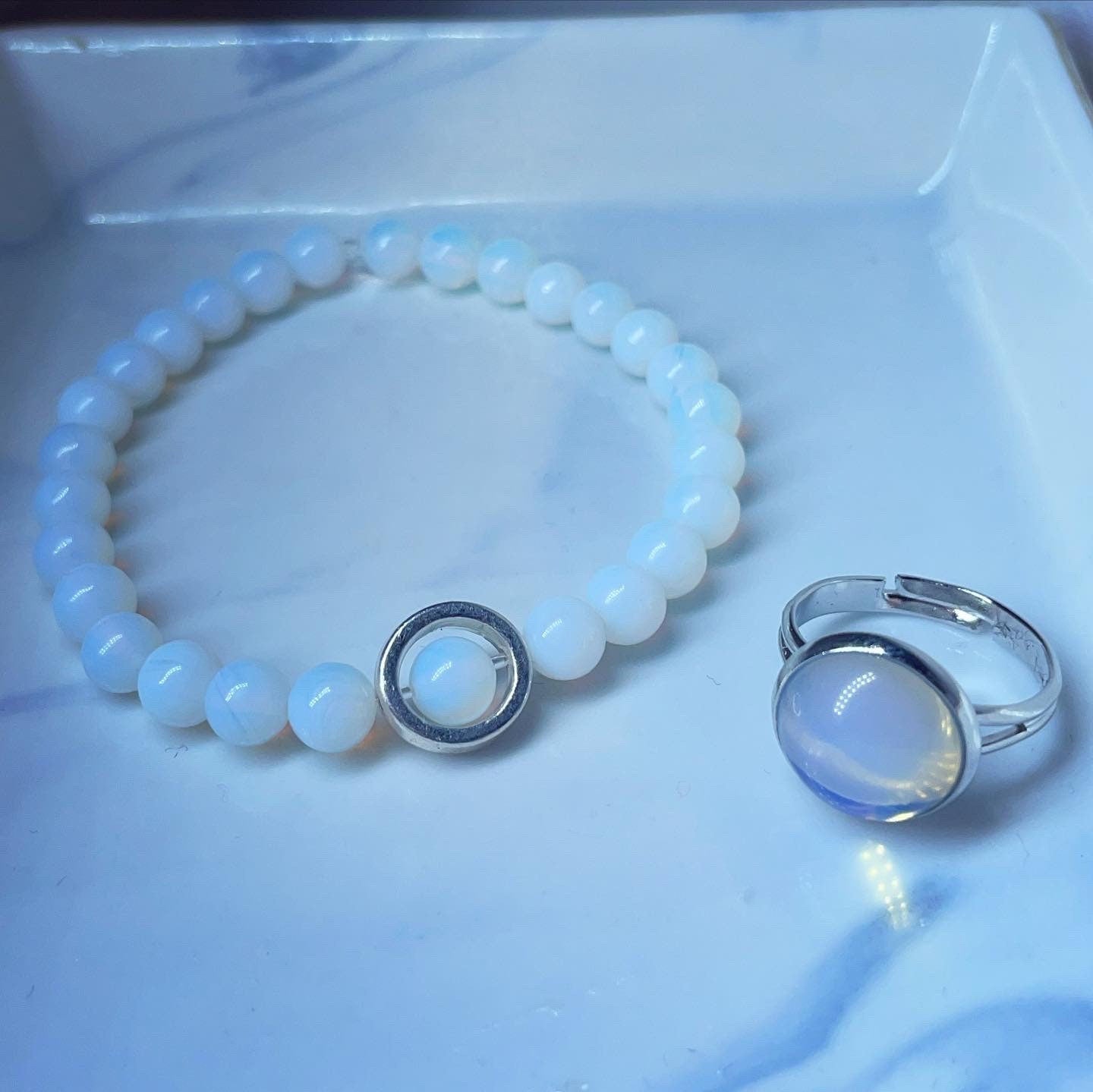 Matching crystal fidget spinning bracelet & adjustable crystal ring