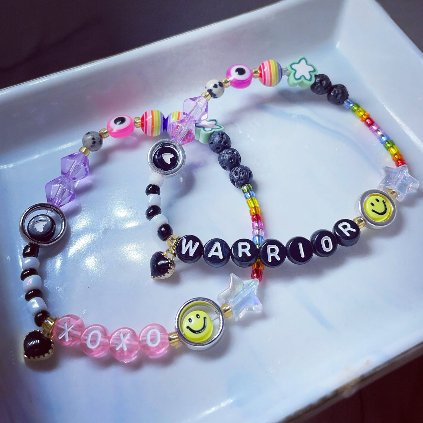 Fidget spinning bracelet personalised mixed bead monochrome rainbow smiley and hearts