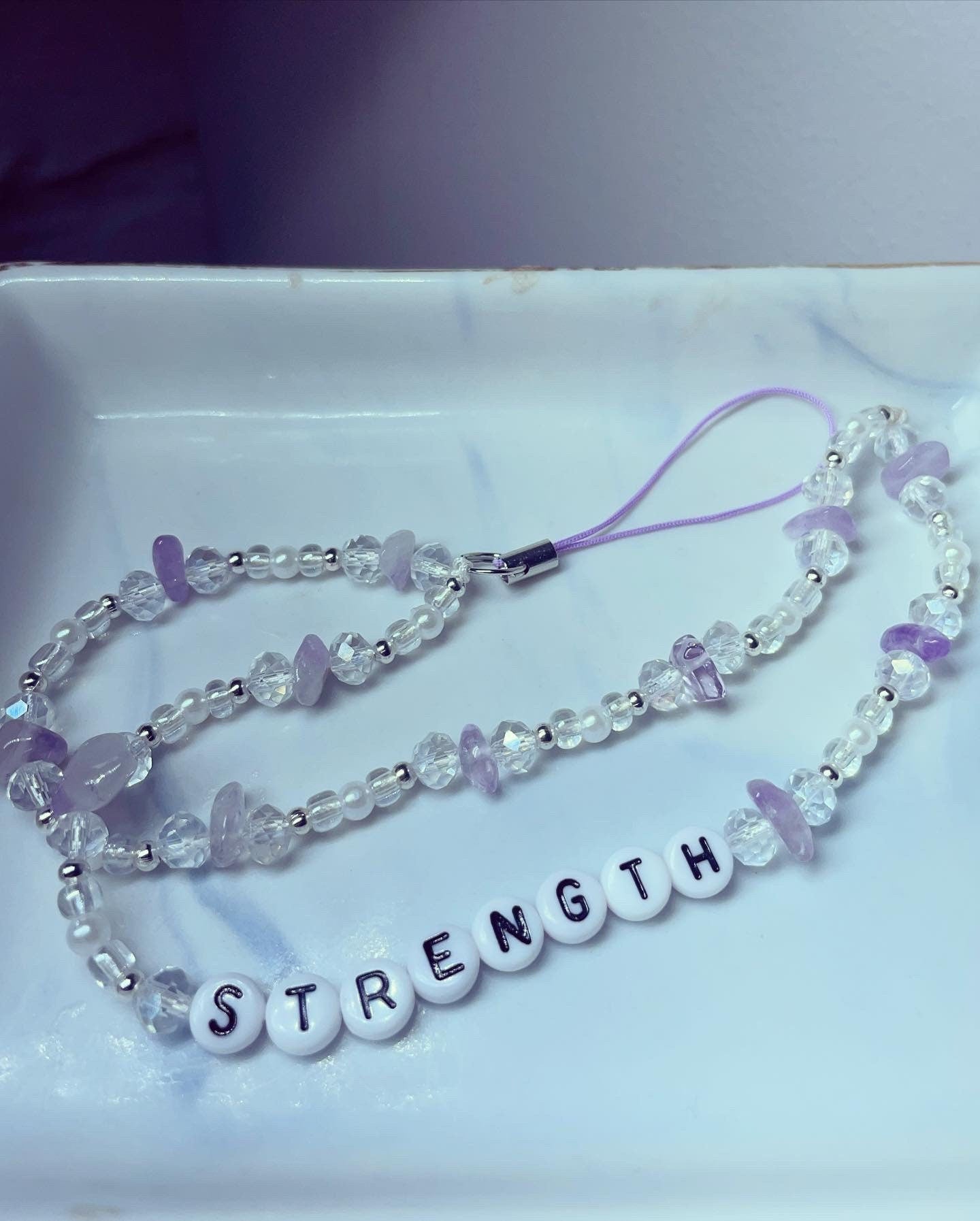 Phone/mobile strap, personalised lilac amethyst crystal rondelle pearls and silver beaded strap mobile accessory