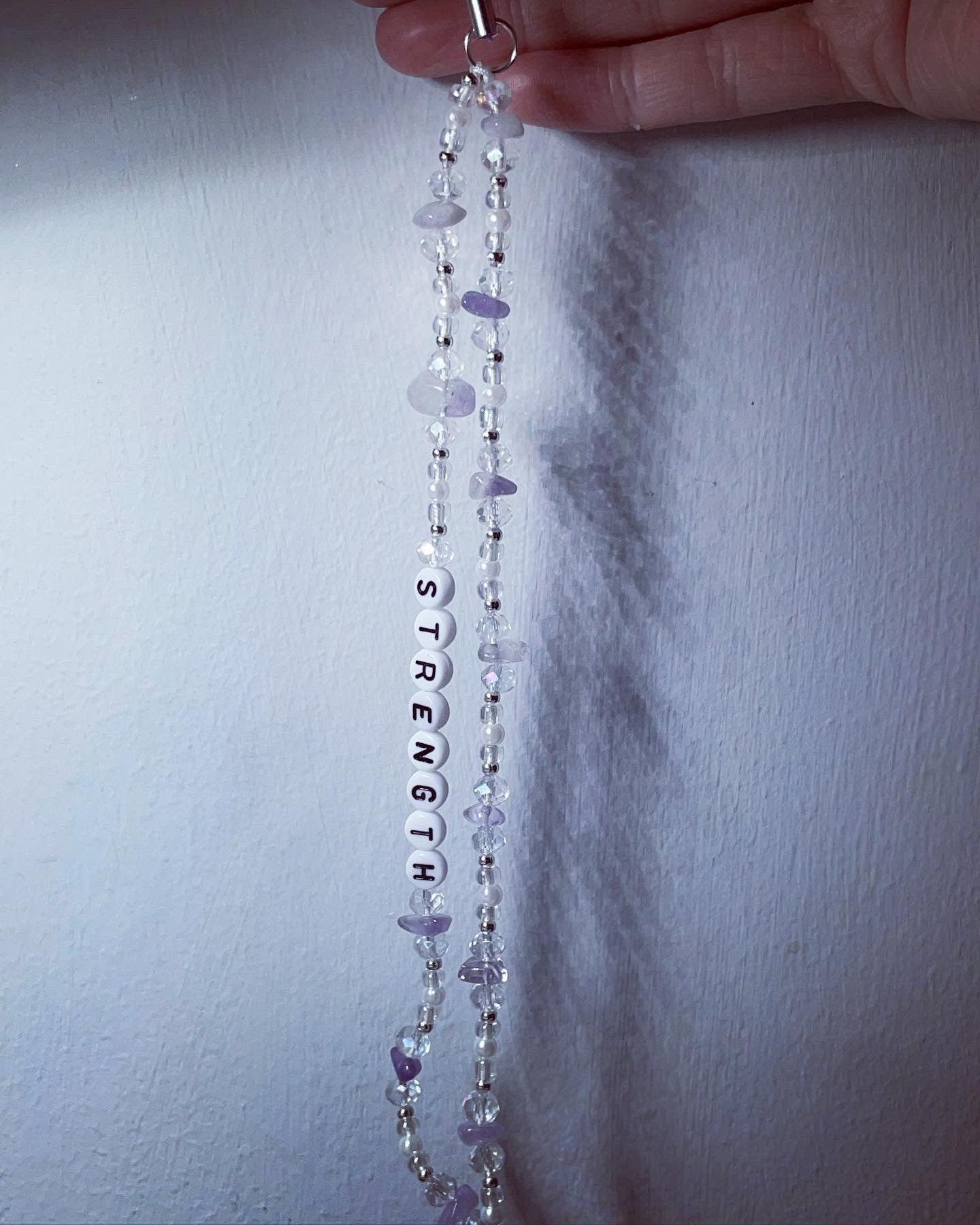 Phone/mobile strap, personalised lilac amethyst crystal rondelle pearls and silver beaded strap mobile accessory