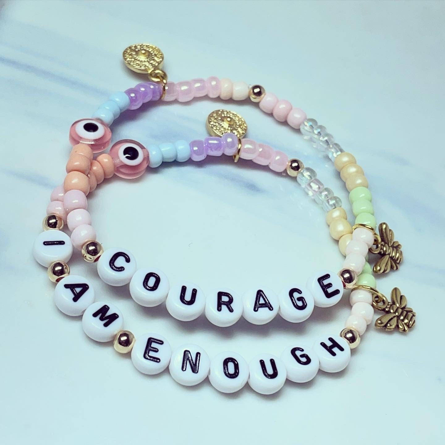 Pastel personalised bumblebee/ coin charm bracelets/ personalise name/ word/affirmation