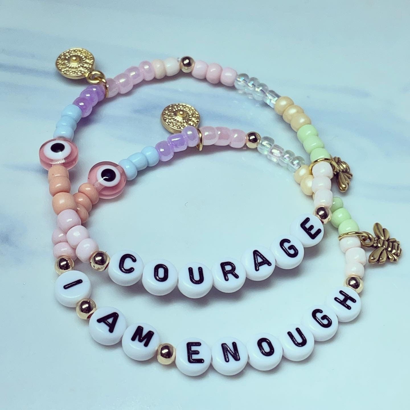 Pastel personalised bumblebee/ coin charm bracelets/ personalise name/ word/affirmation