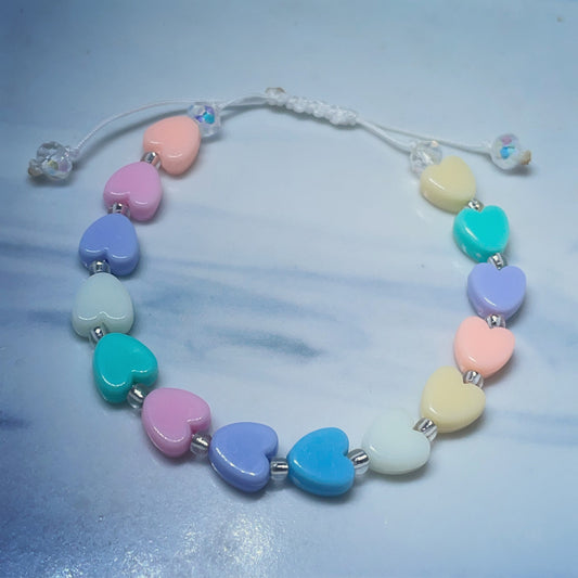 Pastel hearts and crystal rondelle adjustable bracelet