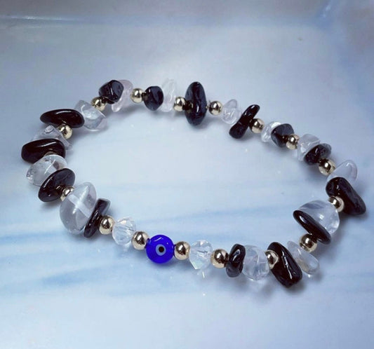 Black tourmaline and clear Quartz 18k gold plated beads / no more negativity/ positive thinking/ clears mind/ crystal healing