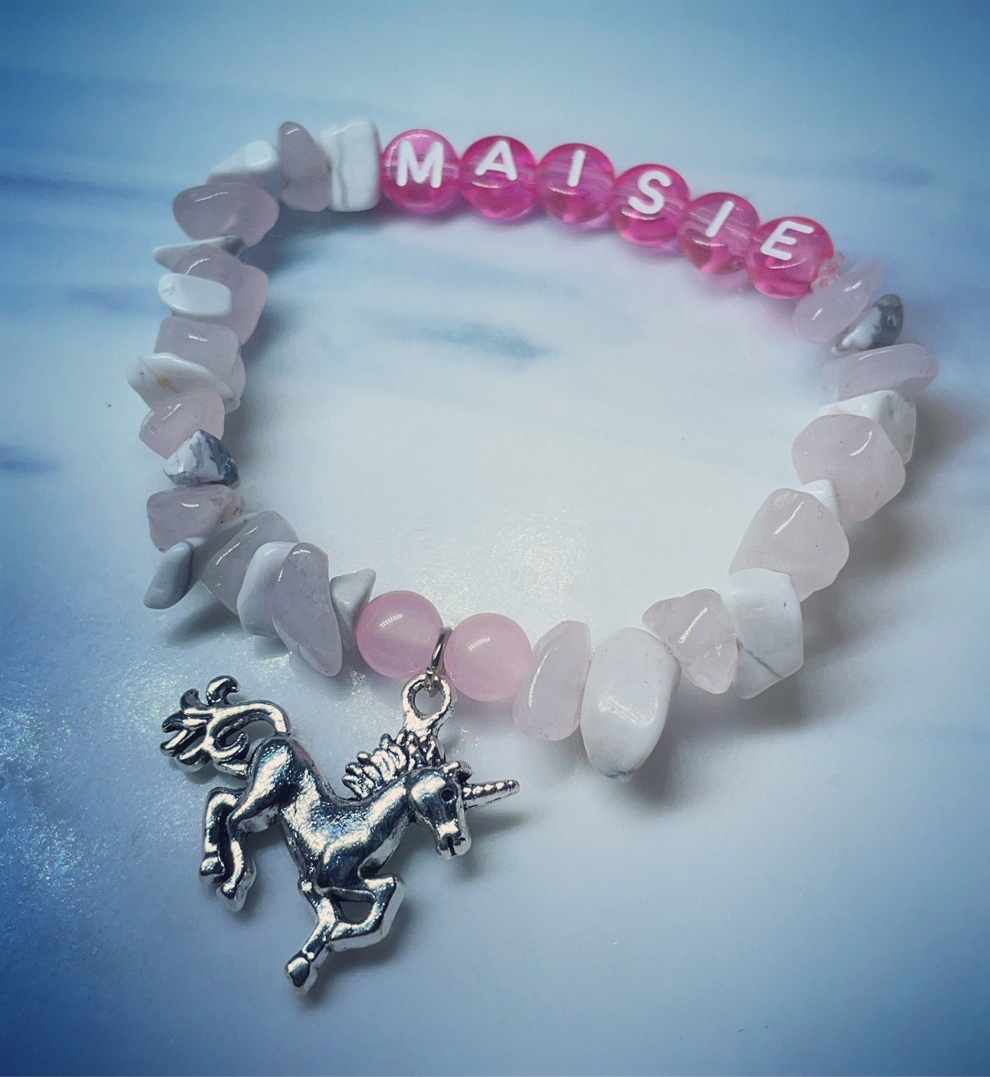 Children’s unicorn bracelet rose Quartz, and howlite crystals personalised bracelet/gifts for children