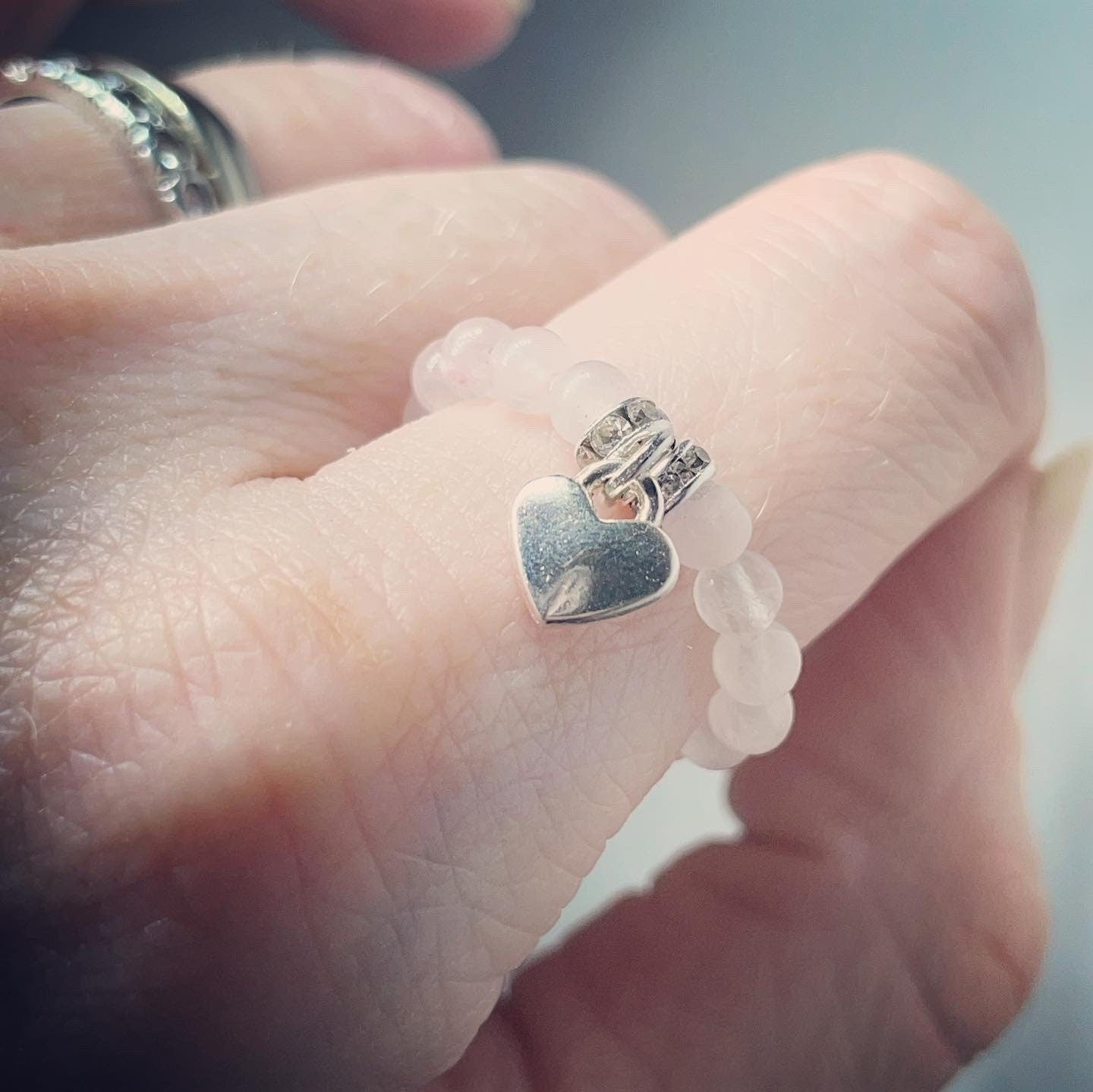 Rose Quartz crystal diamanté heart ring/ gifts for her/ beaded rings/ crystal ring