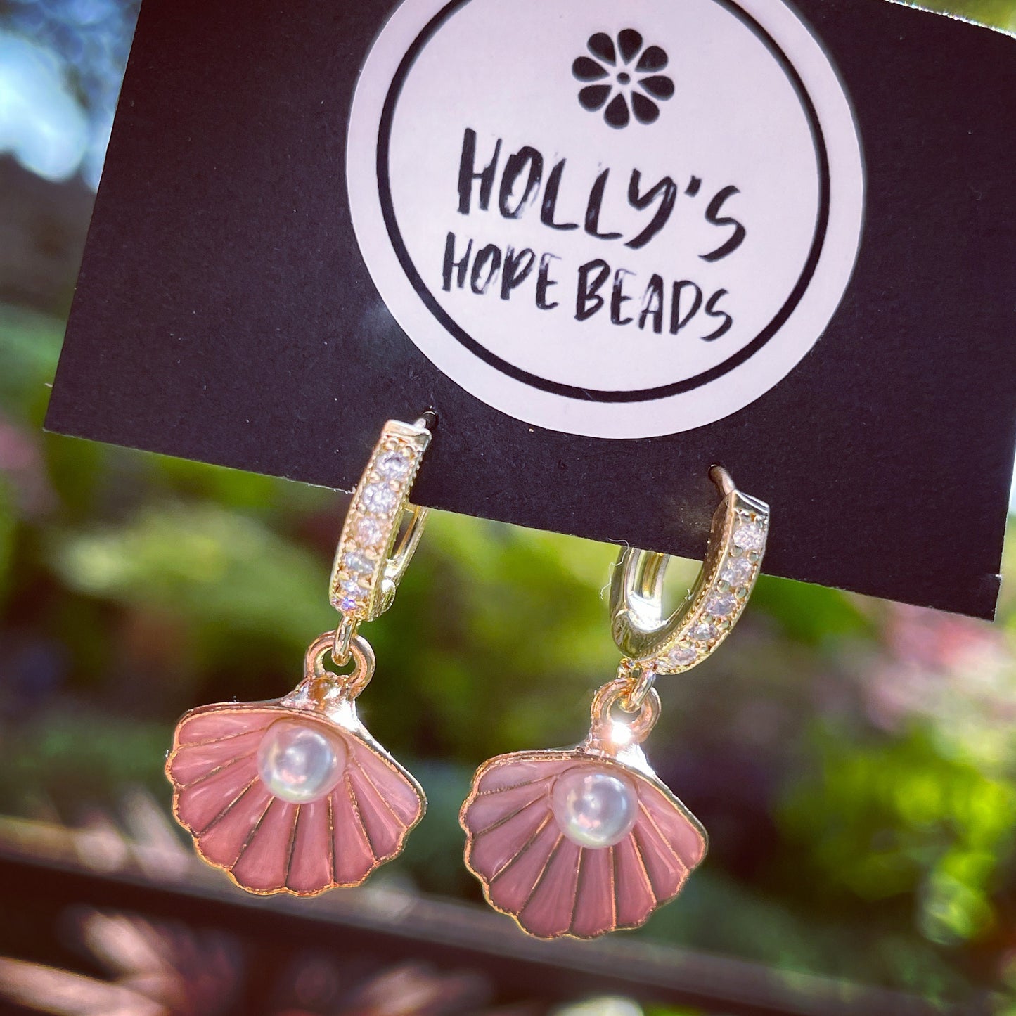 Cubic zirconia pink clam shell hoop earrings